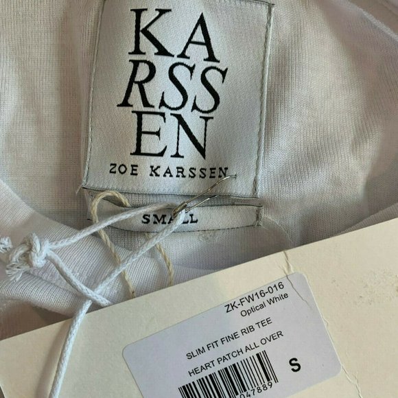 Zoe Karssen Slim Fit Fine Rib Tee Shirt Heart Patch NWT Size SMALL White - Picture 4 of 4